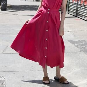 Ilana Kohn Pink Berry Punch Button Front Seersucker Peter Midi Skirt - 1X